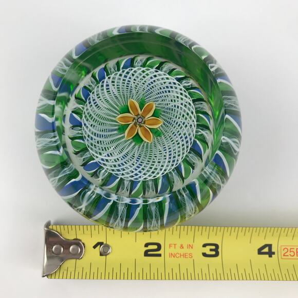 Perthshire 1981F Yellow Lampwork Flower Crown Latticinio Twist Facet Paperweight - Picture 8 of 14